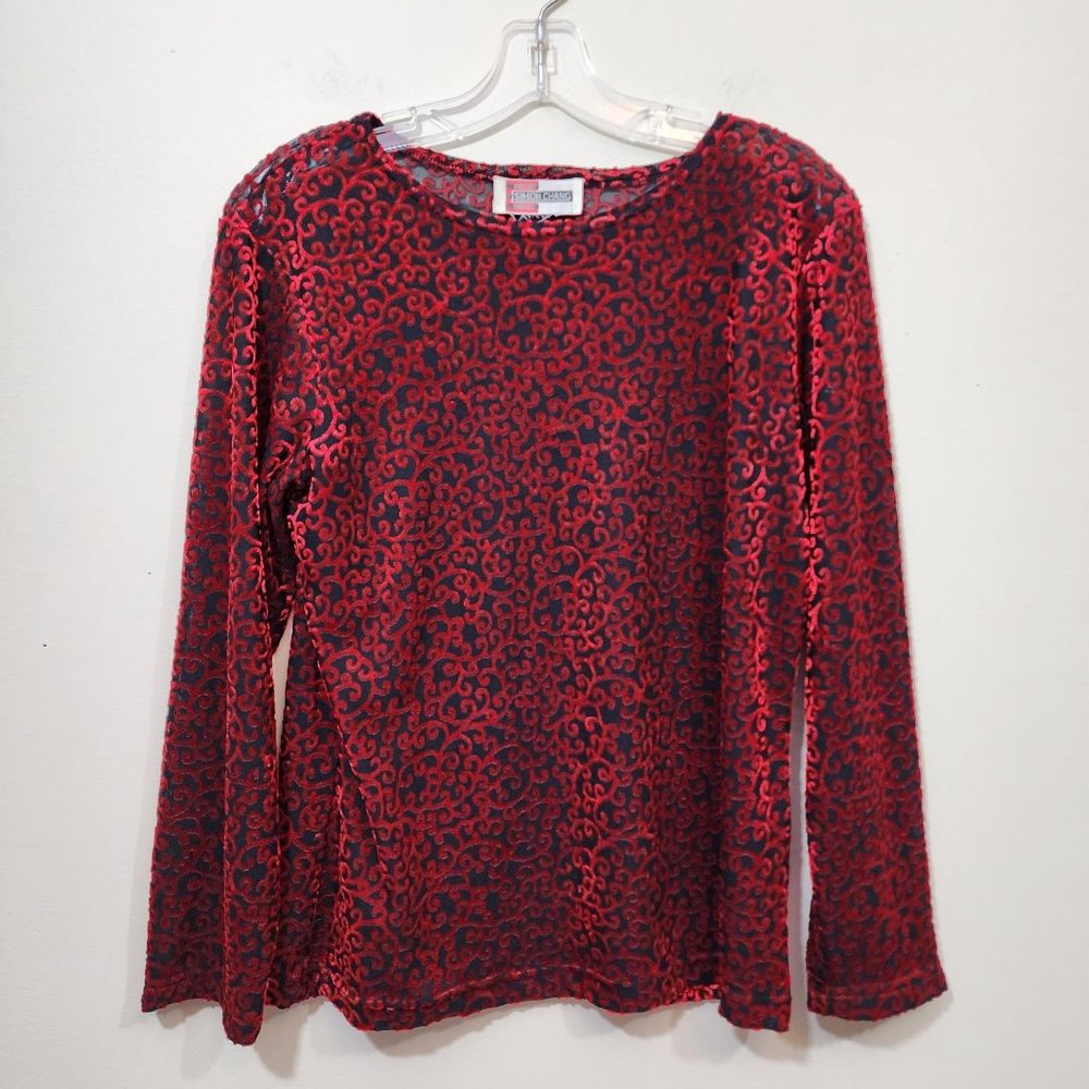 Vintage Simon Chang‎ black sheer with red velvet swirl long sleeve shirt size L